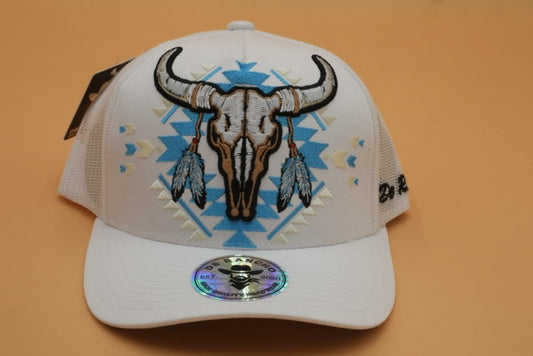 Longhorn Skull Embroidered Trucker Hat (White)